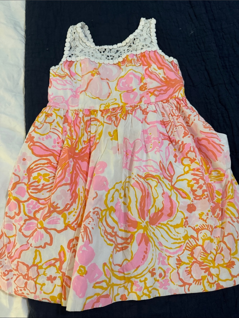 Lilly Pulitzer Pink, Coral and Yellow Floral Dress with Crochet Yoke